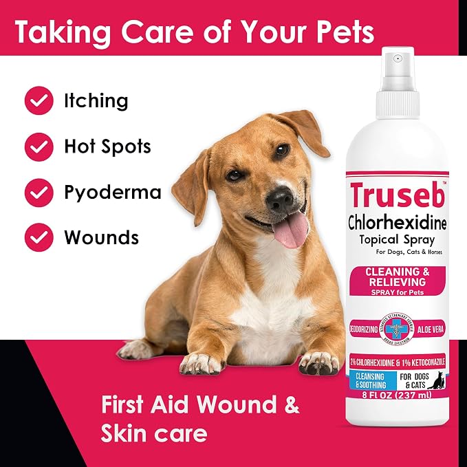 Truseb Medicated Topical Ketoconazole and Chlorhexidine Spray for Dogs, Cats, and Horses with Essential Fatty Acids, Ketoconazole Spray Aloe and Vitamin E (Ketoconazole & Chlorhexidine Spray, 16 oz)