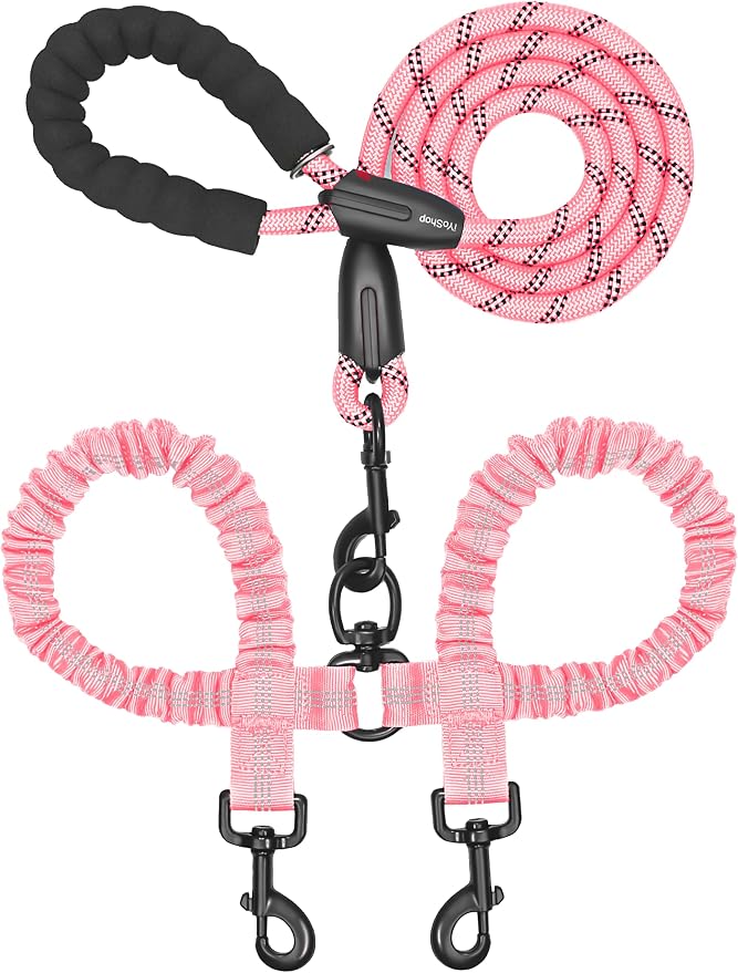 iYoShop Double Dog Leash, 360° Swivel, No Tangle, Medium, 8-35LB, Baby Pink | Dual Leash for Two Dogs, Split Leash, Shock-Absorbing Bungee, Padded Handle, Heavy-Duty Rope