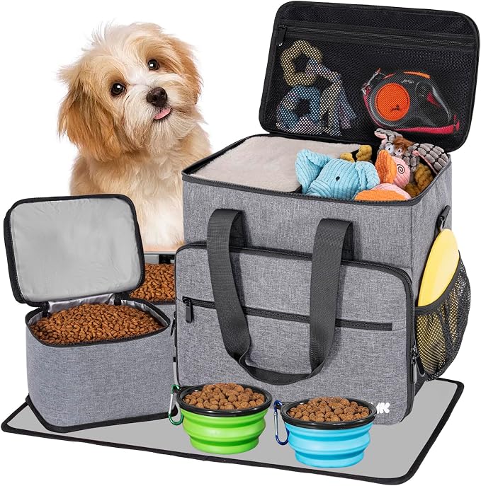 5-Set Dog Travel Bag with Food Containers, Bowls & Placemats, Grey