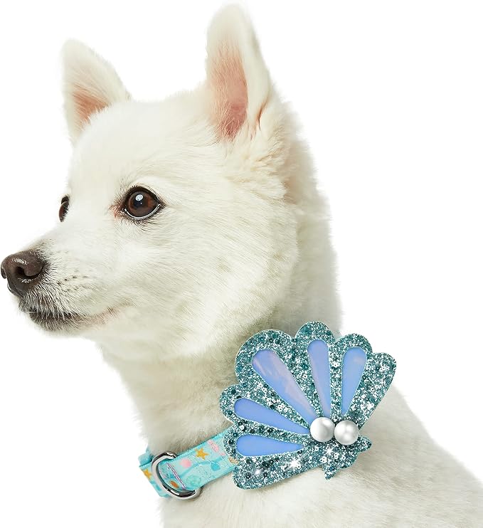 Blueberry Pet Summer Sparkle Dog Collar, Adjustable Large Size, Neck 18"-26", Turquoise, Ocean Fish and Seahorse Print Nautical Pet Collar with Detachable Seashells Accessory