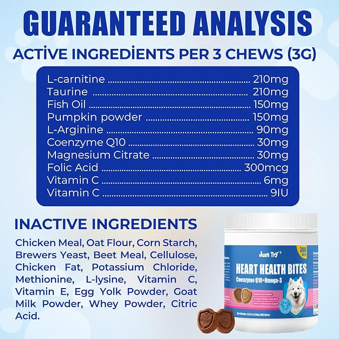 Just Try CoQ10 Heart Supplement Chews for Dogs, Taurine Chicken Flavor