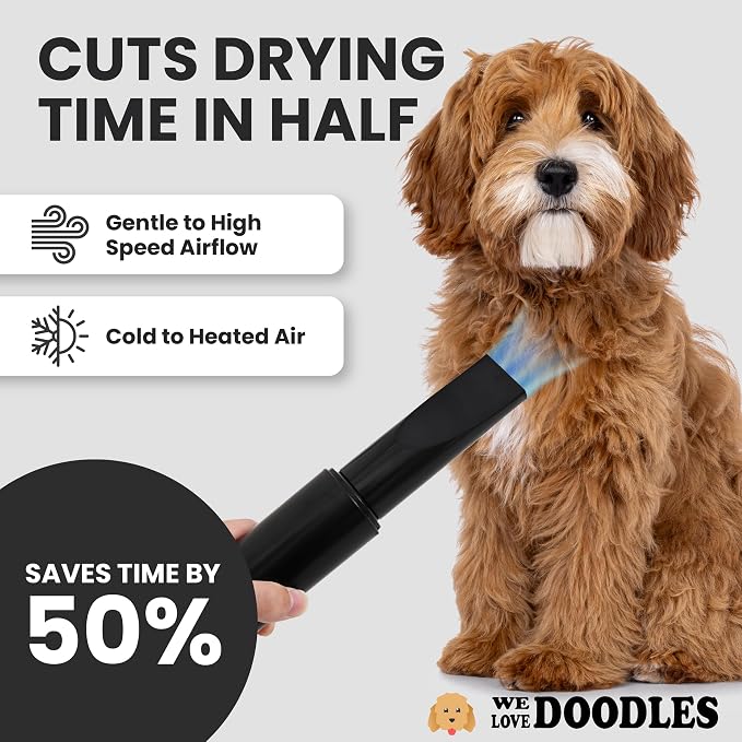 Dog Hair Dryer, High Velocity Blow Dryer & Pet Blower for Grooming, Black | Adjustable Speed & Temperature Settings, Powerful Force Dryer Motor, Dries Fast & Fluffs Out Undercoat, Doodles & Poodles