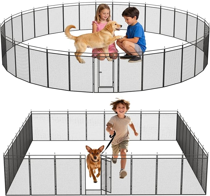 Dog Playpen with Safety Mesh, 32in 32 Panels, Black-Silver
