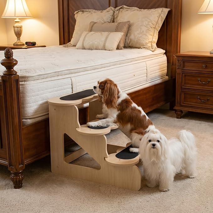Wood Dog Stairs 22⅞" D x 17½" W x 16½" H,YellowMaple Pattern | Trainer-Recommended Wood Ramp Steps – Sturdy Support for Small & Senior Dogs