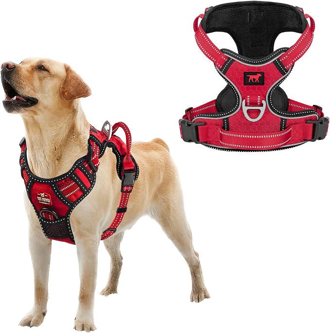 Tuff Pupper No Pull Easy Walk Dog Harness | Heavy Duty Pet Vest | Front & Back Leash Clips | Strong Safety Handle | Reflective Anti Pull Vest | Comfortable Padded Escape Proof Harness (Large, Red)