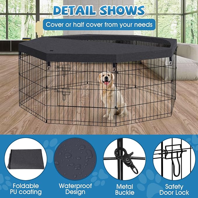 Artmeer Pet Playpen Puppy Playpen Kennels Dog Fence Exercise Pen Gate Fence Foldable Dog Crate 8 Panels 24 Inch for Pet Animals Outdoor Indoor with Top Cover (Black with Top Cover)