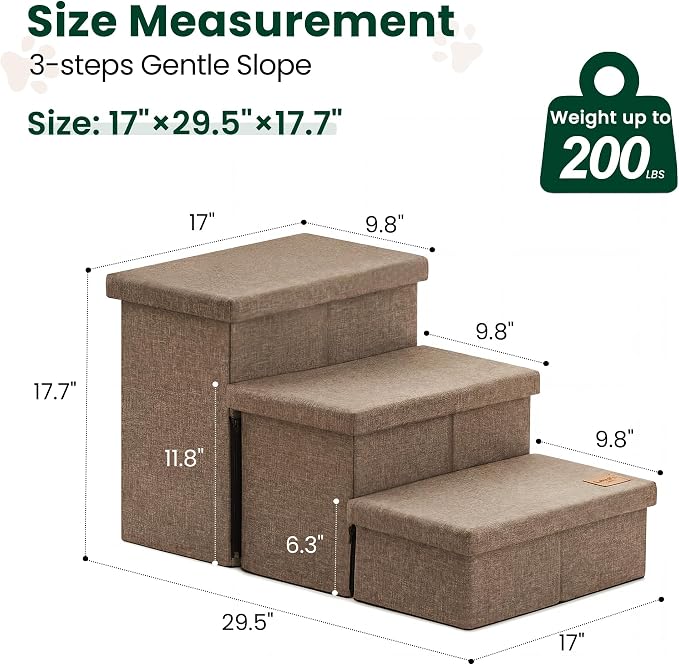 Love's cabin Dog Stairs for High Bed 18" H, Foldable Pet Stairs for Small Medium or Large Dogs Puppy with Storage for Bed or Couch, Cat Dog Steps Ramp with Zip up to 200 lbs, Light Brown, 3 Steps