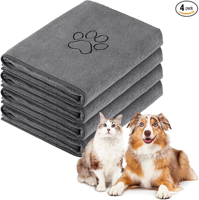 Chumia 4 Pack Dog Towels for Drying Large Microfiber Grooming Tools Absorbent Soft Bath Supplies with Embroidered Paw for Small Medium Pet Products(30 x 50 Inch,Gray)