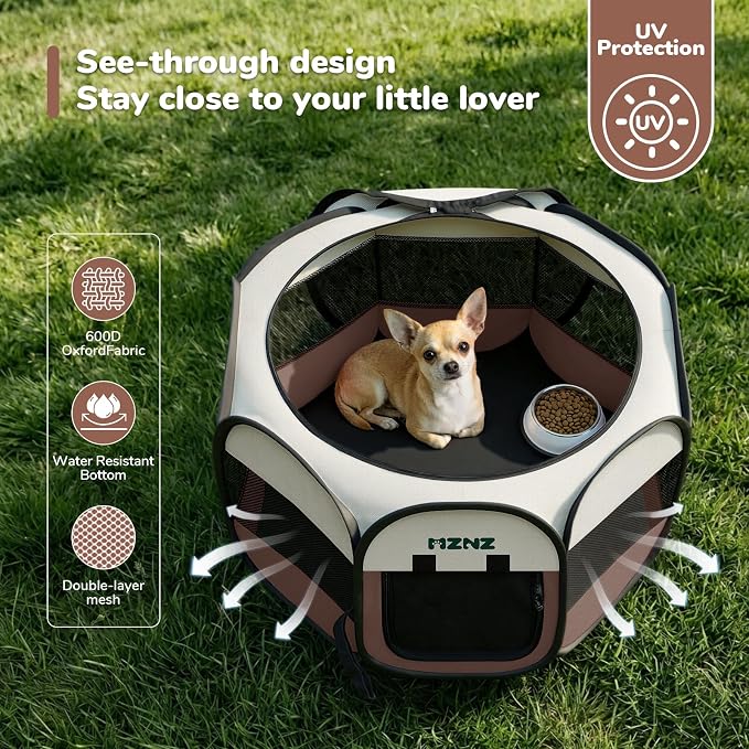 Dog Cat Playpen, Portable Small Animal Playpen Crate Indoor for Dogs Cats Rabbits, Foldable Guinea Pigs Bunny Cage Enclosure for Outdoor, Pop Up Dogs Cats Tent Kennel with Carrying Case, Brown
