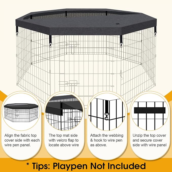 Dog Playpen Top Cover Only for 8 Panel 24 Inch Pet Playpen, Black Mesh Shade Cover for Small Medium Pets, Indoor Outdoor Use, Octagonal Shape, Fence Panels Not Included