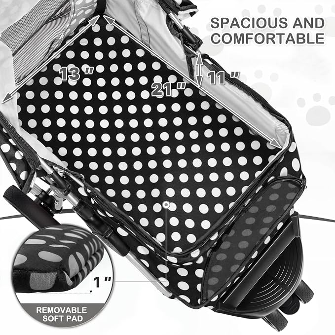 MoNiBloom 3-Wheel Foldable Pet Stroller - Black Polka Dots
