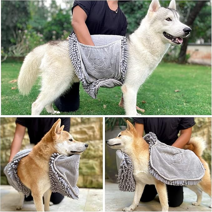 Tuff Pupper Quick Dry Towel for Dogs | Ultra Absorbent Microfiber Shammy | Extra Large 35x15 Size Dog Bath Towel | Comfortable Hand Pockets | Indoor Outdoor Use | Durable Material | Machine Washable