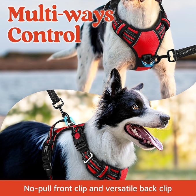 rabbitgoo Dog Harness for Large, No Pull 3 Buckles Easy On & Off | Soft Padded, Walking with Control Handle, Adjustable and Reflective, Red, X-Large
