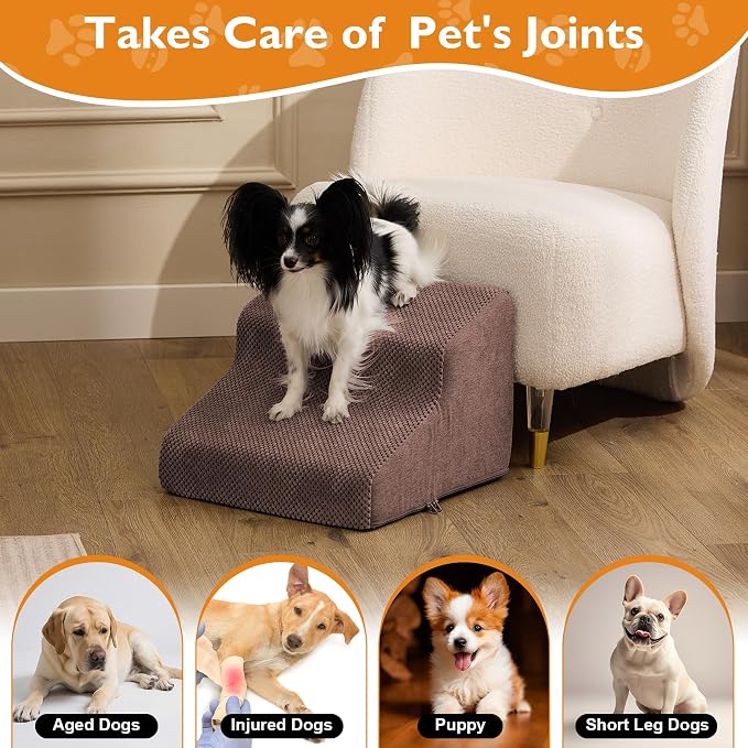 Dog Stairs for Small Dogs 11.5’’ H, 2-Step Dog Steps for Bed, Pet Stairs and Ramp for Dogs and Cats to Get on Beds, Couch, Non-Slip Balanced Pet Steps with Waterproof Cover, Brown