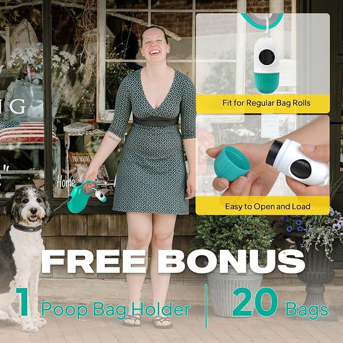 Fida Retractable Dog Leash with Dispenser and Poop Bags, 16 ft Pet Walking Leash for Medium Dog or Cat up to 44 lbs, Anti-Slip Handle, Tangle-Free, Reflective Nylon Tape (M, Teel)
