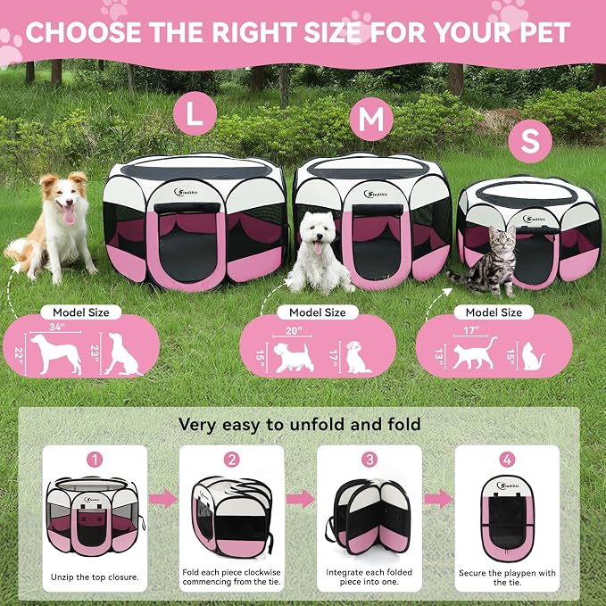 Siedihit Pink Dog Cat Playpen, Puppy Pet Playpen Indoor for Small Dog Crate Tent Cage Outdoor, Portable Pop Up Dogs Enclosure Kennel with Carrying Case for Dogs/Cats/Rabbits