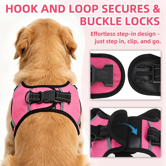 PUPTECK Dog Harness for Large Dogs, No Pull Step-in Pet Vest Harness, Adjustable Soft Padded Reflective Safe Night Walking, No Choke Easy On & Off, Fuchsia L