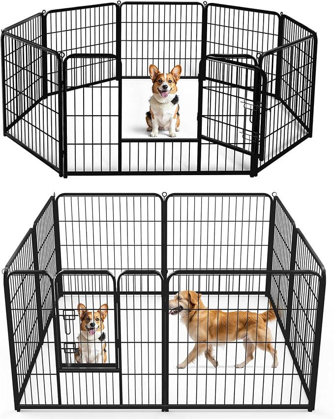DUMOS Dog Playpen Indoor/Outdoor, Metal, 32in, 8 Panels, Foldable with Door