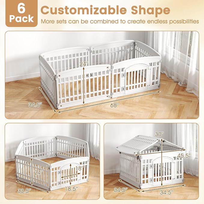 PETSITE 6-Panel Plastic Dog Playpen with Door, 24 Inch Tall Shape-Customizable Pet Playpen Indoor Outdoor, Ideal for Small & Medium Dogs and Puppies, with Lockable Door, Easy to Assemble