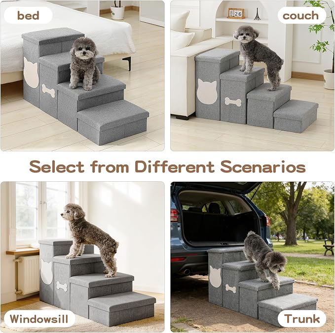 4-Step Wider Dog Steps for Bed 22" H, Foldable Dog Stairs with Storage, Non-Slip Pet Steps for Small Medium Large Dogs, Arthritis-Friendly Pet Stairs for Couch and Car Up to 200 lbs, Grey