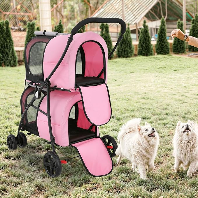 MoNiBloom 4-Wheel Double Dog Stroller - Pink/Gray, Detachable Carriers