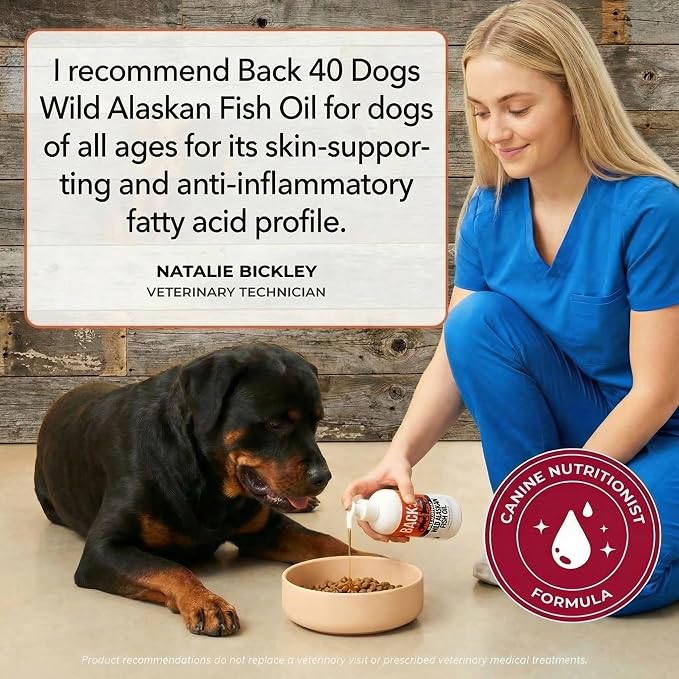 BACK 40 Dogs Wild Alaskan Fish Oil for Dogs, Skin and Coat Supplement for Dogs & Cats, Omega-3-Rich Salmon and Pollock Oil, EPA & DHA Dog Salmon Oil for Brain, Heart, and Joints 16 fl oz (473 ml)
