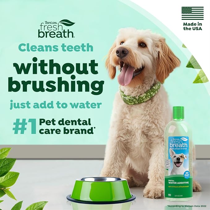 TropiClean Fresh Breath Water Additive, Dog Breath Freshener, 33.8oz 3 Pack | Freshens Breath & Cleans Teeth | No Toothpaste or Toothbrush Required | Value 3-Pack