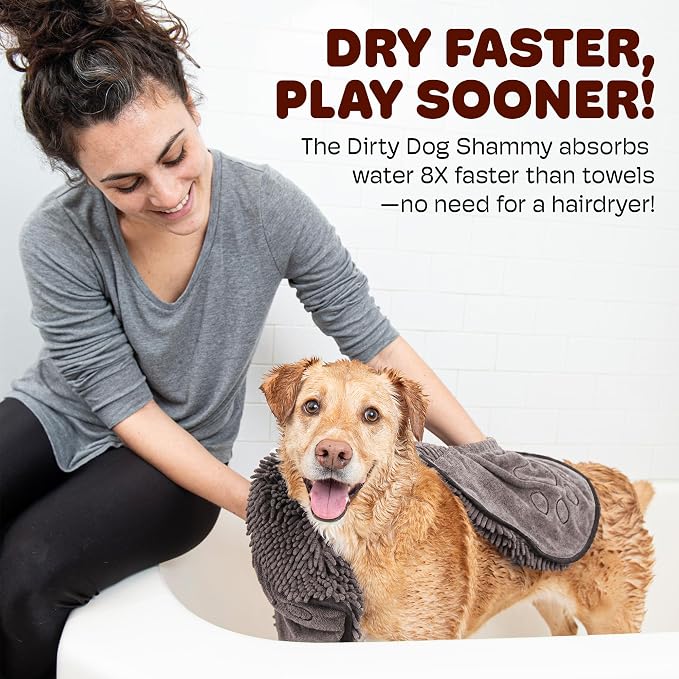 Dog Gone Smart The Dirty Dog Shammy - Antimicrobial Microfiber Dog Towel for Odor Control, Fast-Drying Plush, Dual Hand Pockets & Elastic, Super Absorbent, Machine Washable, 31 x 13 in, Brown