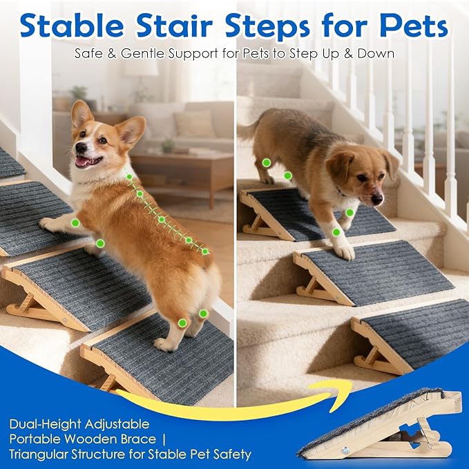 Adjustable Dog Ramp for Stairs, 2-Height Foldable Wooden Pet Steps | 4 Pack, 4.3"/5.5"H, Gentle on Joints, for Small & Senior Dogs, with Anti-Slip Carpet, Solid Wood, 170 lbs, No Assembly