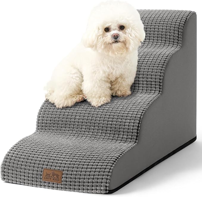 COZY KISS Dog Stairs for Small Dogs 19.7" H, Curved Dog Step for Puppy, Older or Cat, Medium Pet Ramp for Sofa, Couch or Bed, Ladder with High Density Foam, 4 Step, 15.7x28.3x19.7 inch, Dark Grey