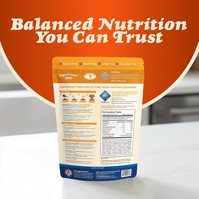 CLEAR CONSCIENCE PET® Arfredo SuperGravy® Dog Food Topper Hydration Broth Mix Greek Yogurt Cheese Blend Kibble Seasoning Probiotics Prebiotics Enzymes Taurine 9 oz. 60 Scoop, All Life Stage