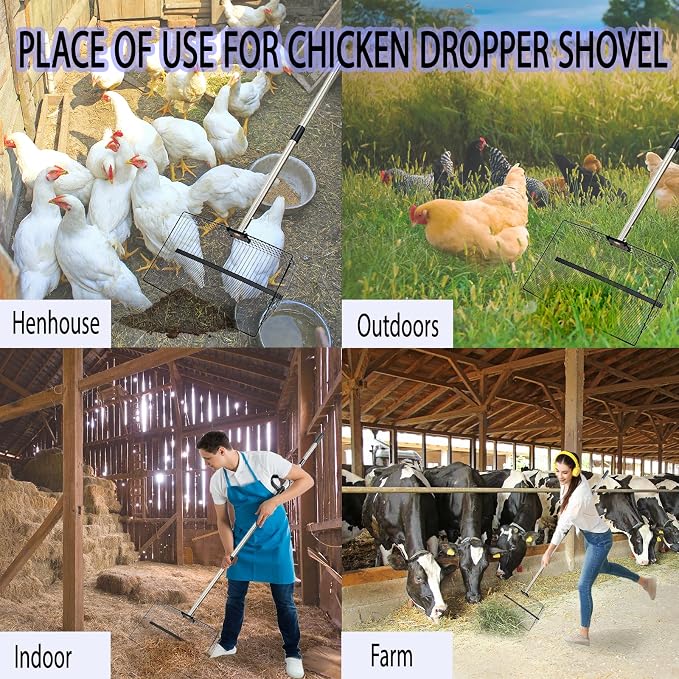 15inch Large Metal Chicken Poop Scooper for Sand, Chicken Pooper Scooper with 39 to 76" Adjustable Stainless Steel Handle, Litter Scooper Sand Sifting Shovel for Dogs, Cats, Chicken Coop Accessories