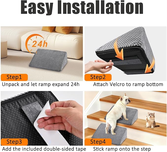 Dog Ramp for Stairs, Non-Slip Stair Wedges with Gentle Slope, Pet Ramp with Washable Cover and Self-Sticky Pads for Safe Climbing, Gray, 6 Pack