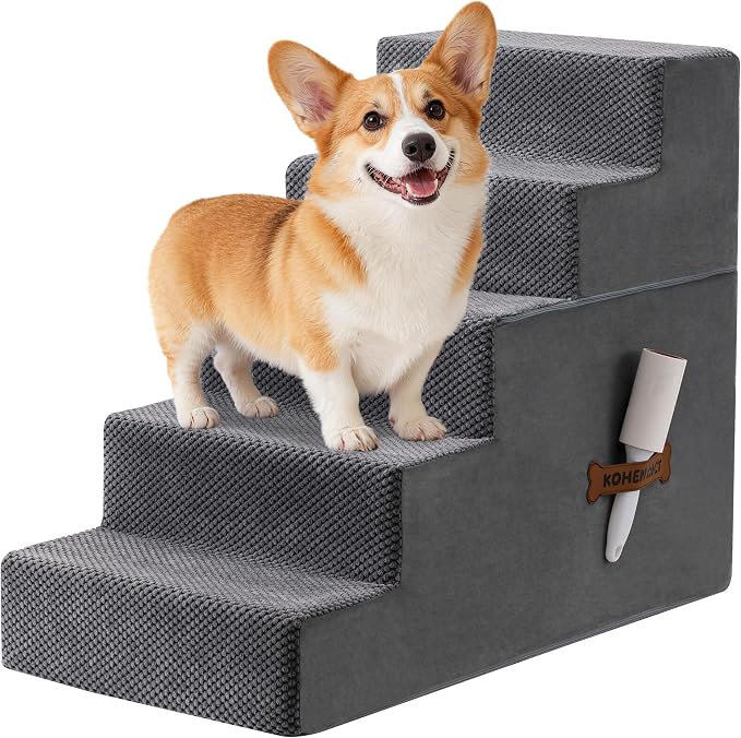 Dog Stairs, Steps and Ramp for High Bed & Sofa, 13-24" H Detachable Pet Stairs for Small Medium Dogs, Sturdy 40D Foam, Non-Slip, Washable Cover with Lint Roller, Grey