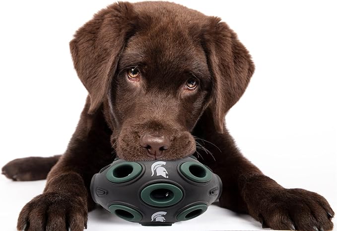 NCAA Michigan State Spartans Football Treat Dispensing Toy for Dogs and Cats, Rubber Ball Dog Toy, Interactive Fun Dog Treat Toy, Natural Rubber Dog Feeding Toy