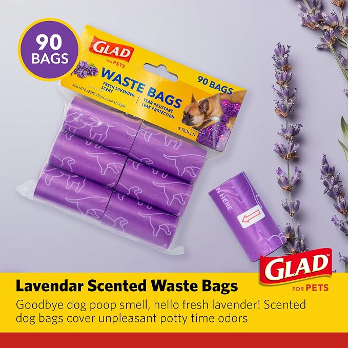 Glad for Pets Scented Dog Waste Bags, Tear-Resistant Pet Poop Pick-up Bags with Leak Protection, Fresh Lavender Scent, Fun Purple Bag Designs, 6 Rolls, 90 Bags Total