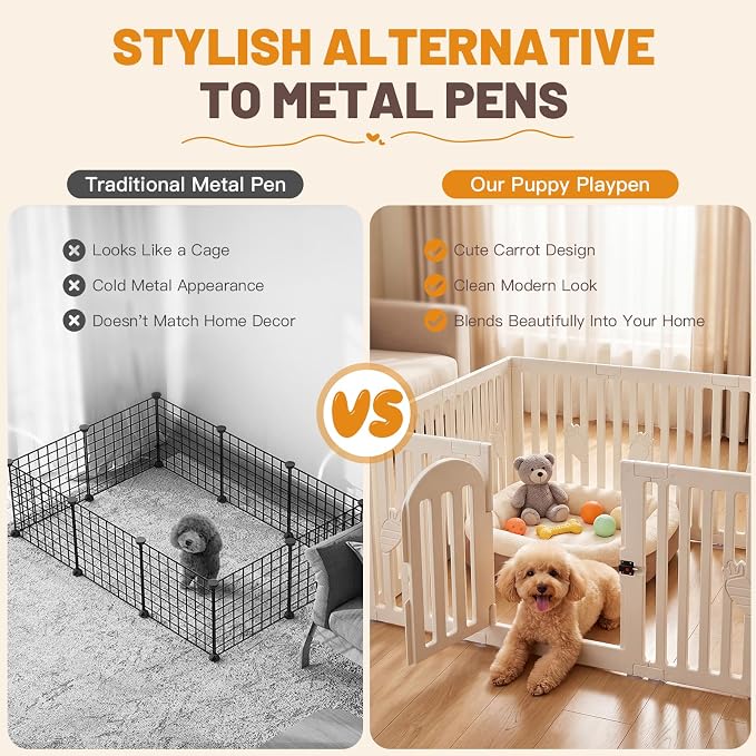 Dog Play Pen Indoors, 8-Panel Puppy Playpen with Door, 25.6" Tall Plastic Dog Fence for Dogs, Easy Assembly Pet Playpen for Puppies, Cats, Rabbits, Indoor Dog Pen,Corral para Perros