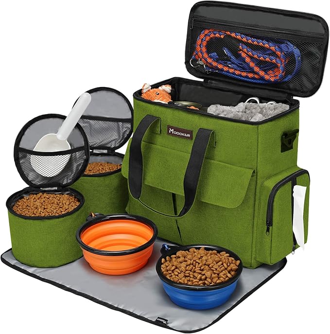 Modoker Dog Travel Bag Weekend Set with Food Containers & Bowls, Green