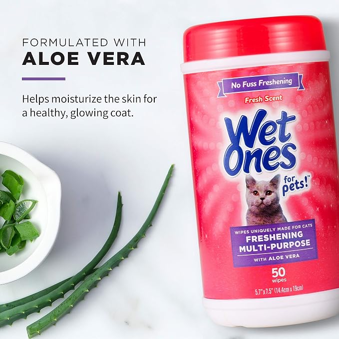 Wet Ones for Cats Freshening Multi-Purpose Grooming Wipes with Aloe Vera, 50 Count