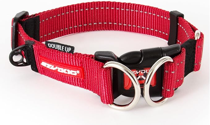 EzyDog Double Up Dog Collar, Strong Double D-Rings - Large, Red | Dual D-Rings for Superior Strength, Safety, and Comfort, Soft Touch Nylon Webbing, Reflective Stitching, Id Attachement Point