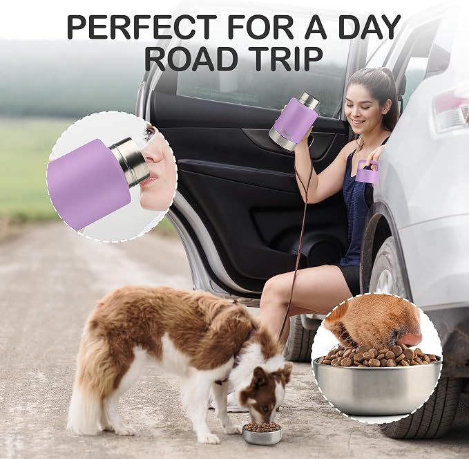 KEWIXY Insulated Dog Travel Water Bottle with Detachable Bowls, 32oz, Lavender