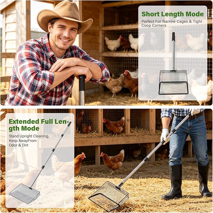 Aoocan Chicken Poop Scooper, 2-in-1 Coop Scoop with 10" & 15" Replaceable Heads, Dual Holes Sifter for Sand Litter, Heavy Duty Poop Shovel for Chicken Coop, Goat Stall & Beach
