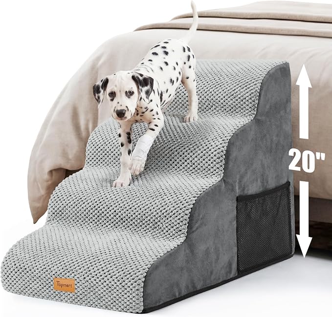 Topmart High Density Foam Dog Stairs 4 Tiers,Extra Wide Deep Pet Steps,Non-Slip Pet Stairs,Dog Ramp for Bed,Best for Older Injured,Older Pets,Cats with Joint Pain