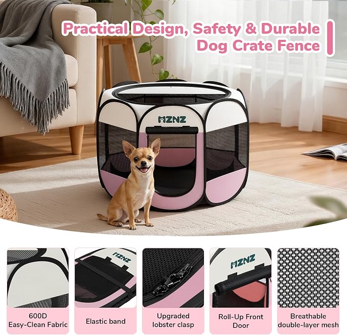 Dog Playpen, Portable Puppy Pet Crate Indoors for Small/Medium/Large Dogs Cats Rabbits, Foldable Dog Cage Enclosure for Outdoor, Pop Up Dogs Tent Kennel with Carrying Case, Pink