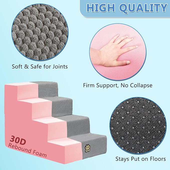 Dog Stairs for Couch Sofa and Bed, 4-Step Foam Pet Stairs 18 Inch H, Dog Steps for Small Dogs Cats Puppies, High-Density Foam Pet Ladder with Washable Cover Non-Slip Bottom, Gray