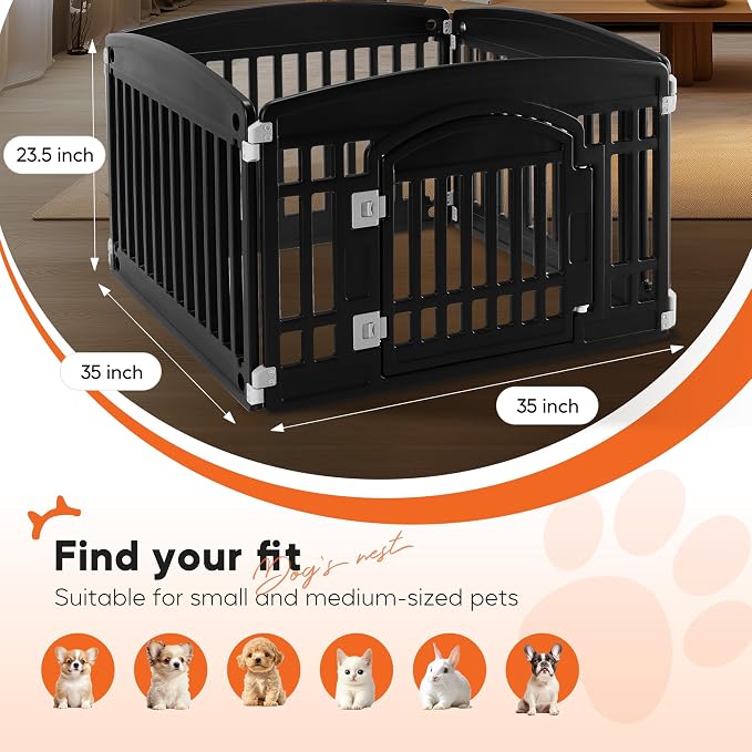 HealSmart 24 Inch 4-Panel Pet Playpen, Sturdy Dog Playpen with Safety Locking Door, Foldable & Portable Design for Puppies, Small & Medium Dogs, Black