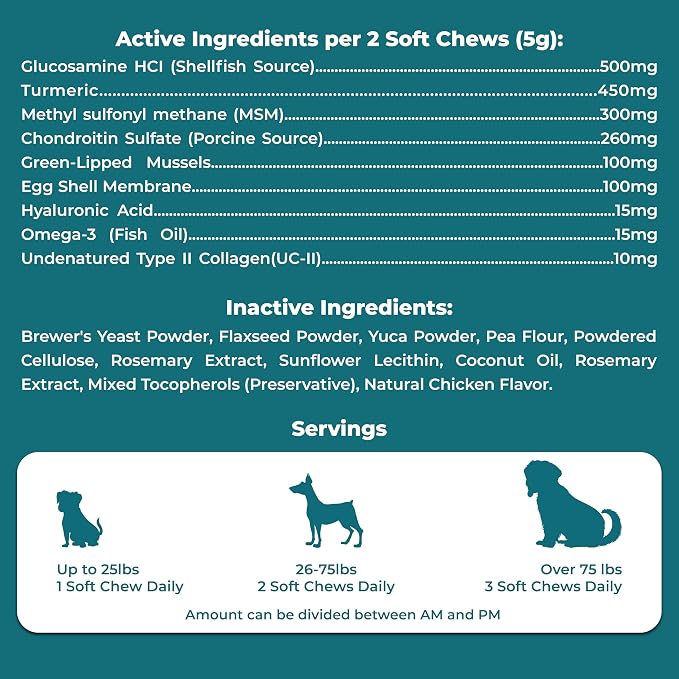 Dog Hip and Joint Supplements, Glucosamine Chondroitin & Green Lipped + Omega-3 & Turmeric + MSM, Treats Improve Joint Function & Mobility in All Ages (Chicken Flavour 100 Chews)