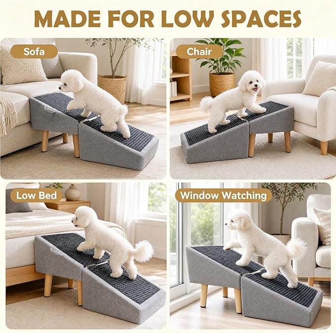 16" H Dog Stairs & Ramp for Small Dogs, 2-in-1 Foldable Wooden Dog Ramp for Low Bed and Couch, Non-Slip Split Ottoman Pet Ramp, Safe for Puppies, Senior, Injured Dogs, Grey