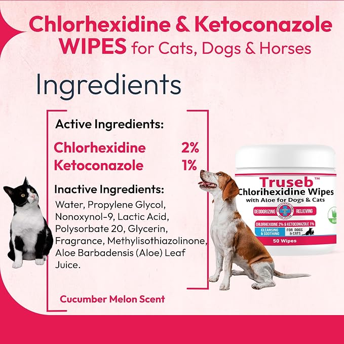 Pet Health Pharma Truseb Topical for Dogs, Cats and Horses - with Aloe for Cleansing (Ketoconazole & Chlorhexidine Wipes, 100 Count)