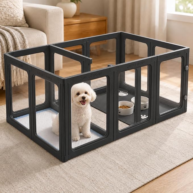 Acrylic Dog Playpen with Toilet, Clear Puppy Play Pen Indoor Puppy Play Pen Tool-Free Assembly Detachable Pet Fence Kennel for Small Dog, Cat, Rabbit (24 Inch, 12 Panels, Black)